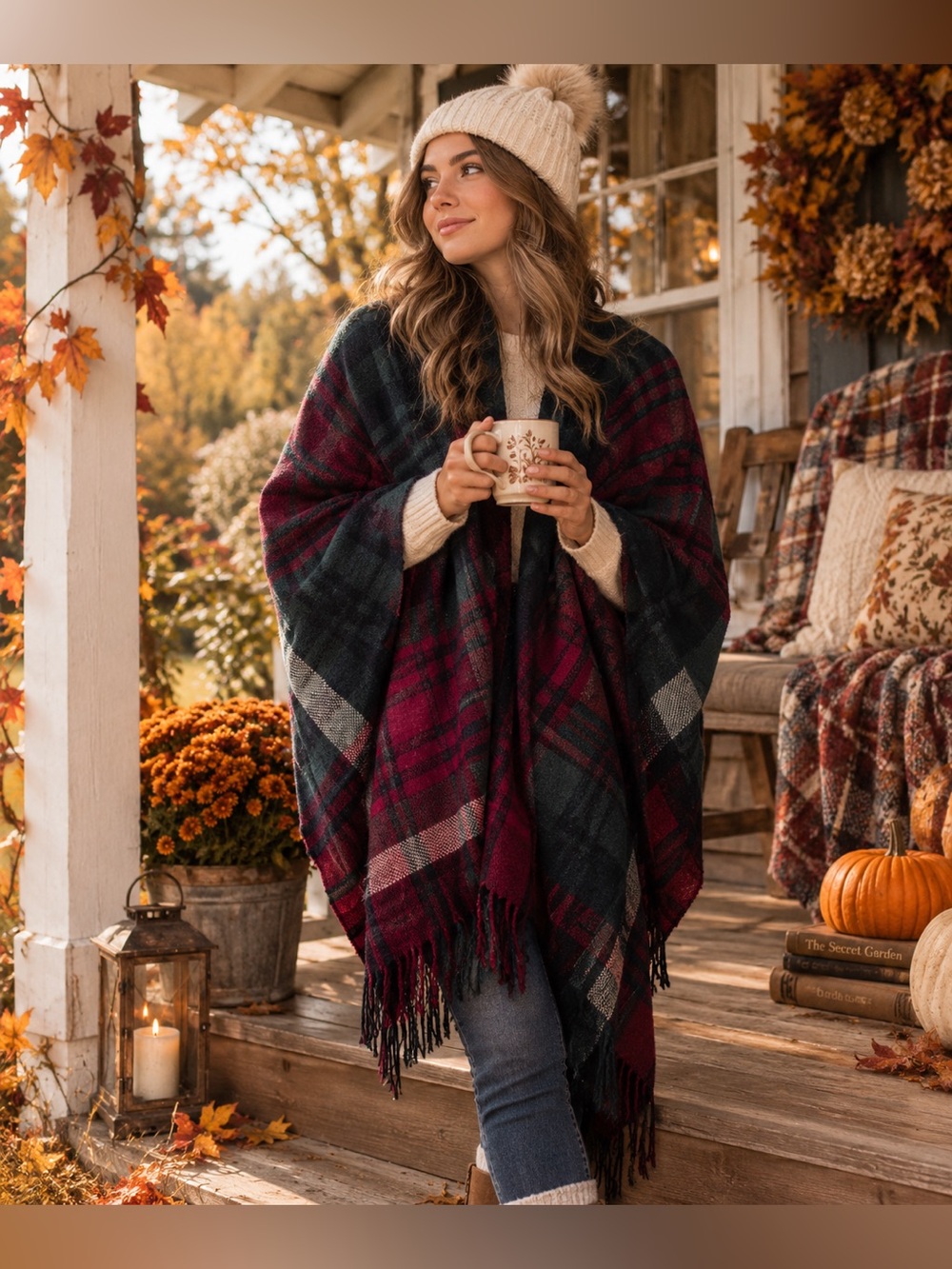 🍂 Ardene | Cozy Plaid Fringe Shawl Wrap | Burgundy & Dark Green | Vintage | O/S